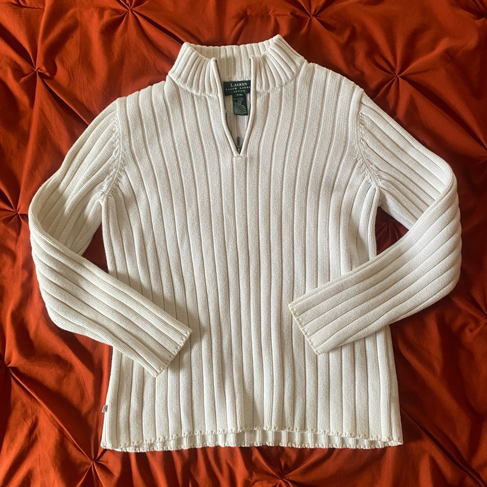 Vintage Lauren Ralph Lauren White Half Zip 100% Cotton Sweater